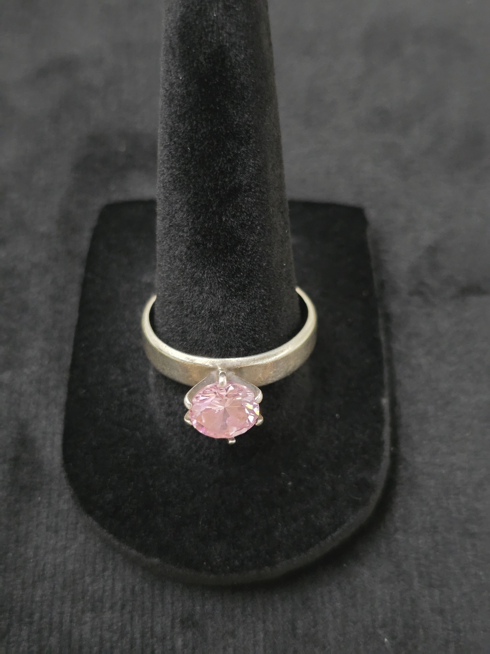 Vintage Silver Ring with Pink Solitaire Cubic Zerconia Stone